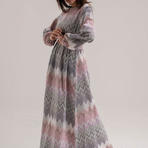Purple Striped Long Sleeves Dress