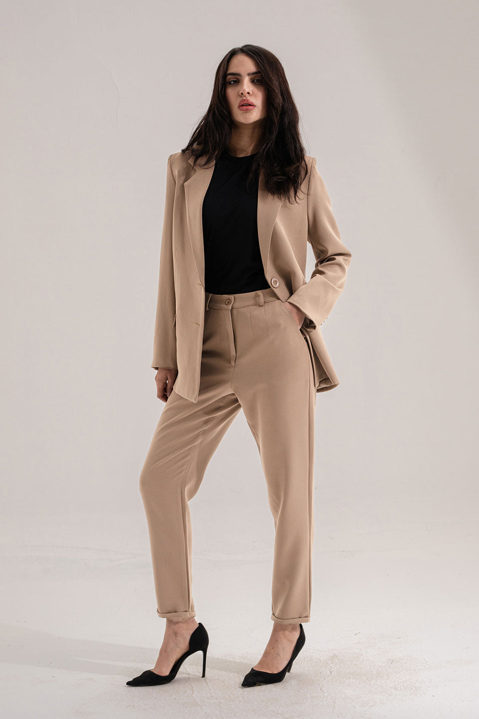 Beige Modern Fit Formal Pants