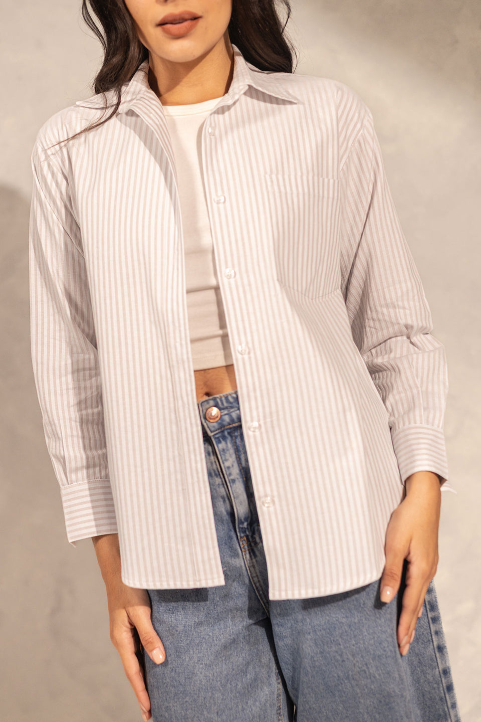 Beige Striped Long Sleeves Shirt