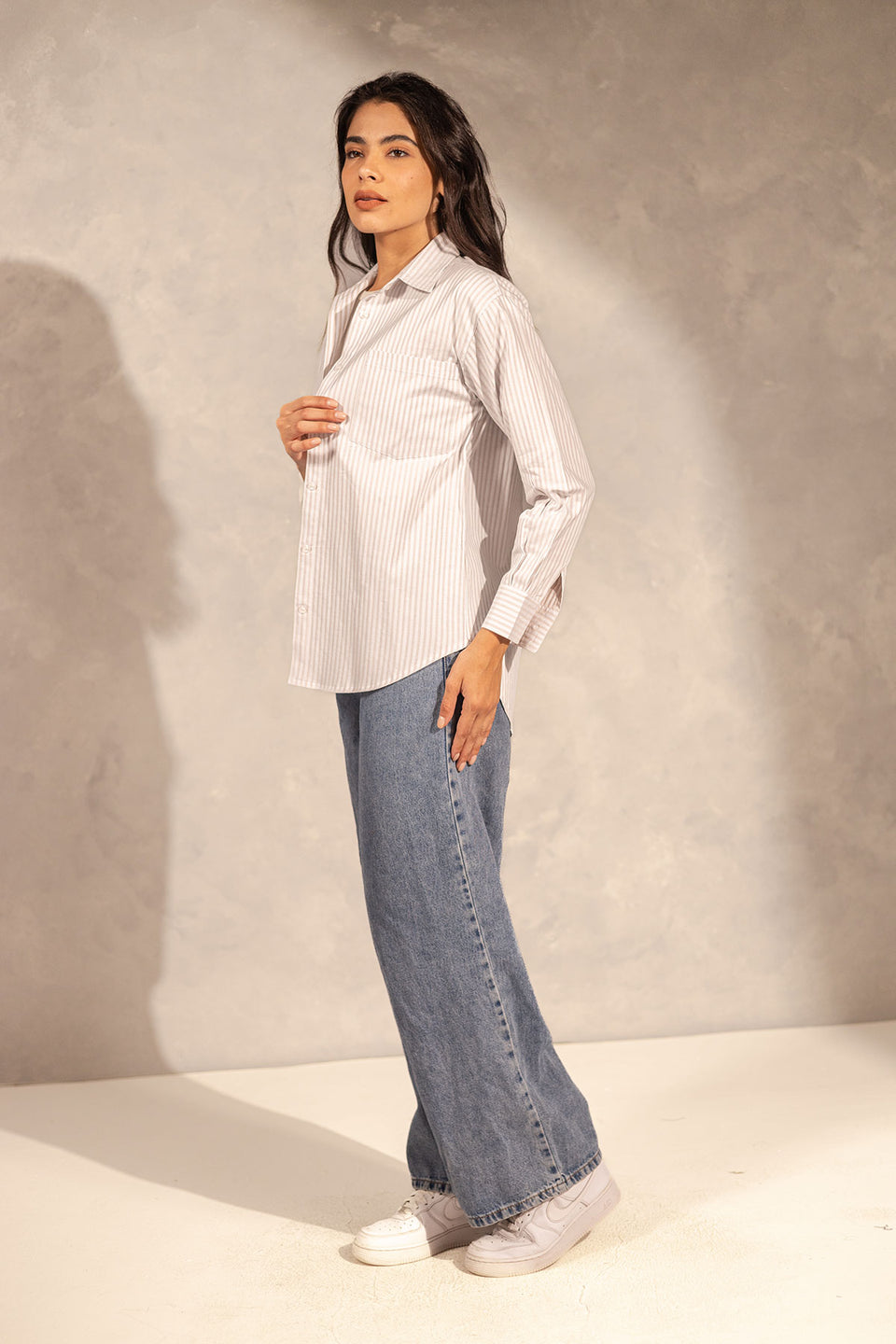 Beige Striped Long Sleeves Shirt