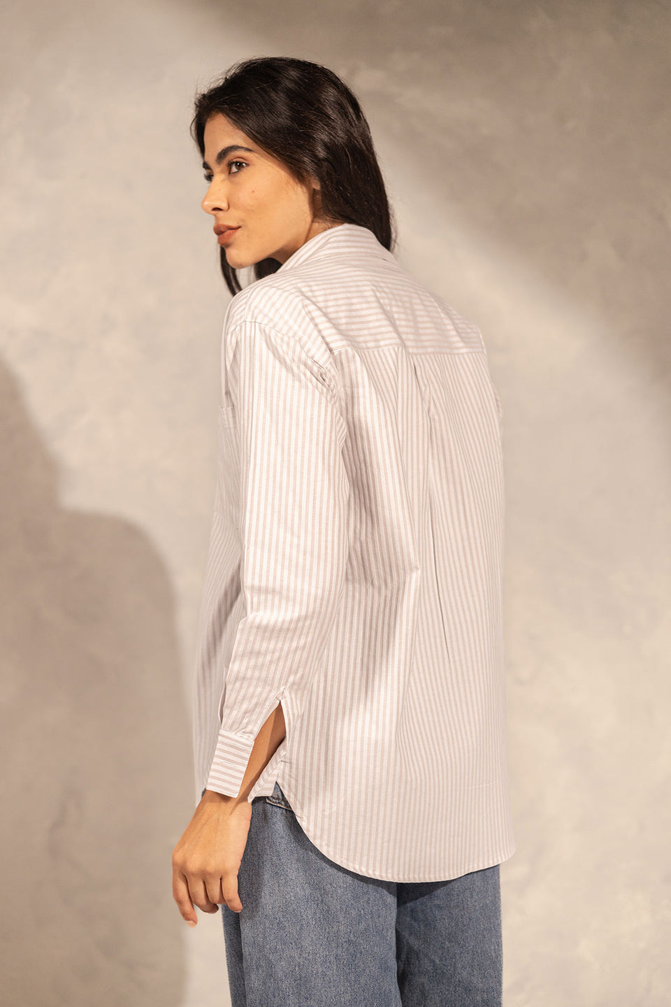 Beige Striped Long Sleeves Shirt