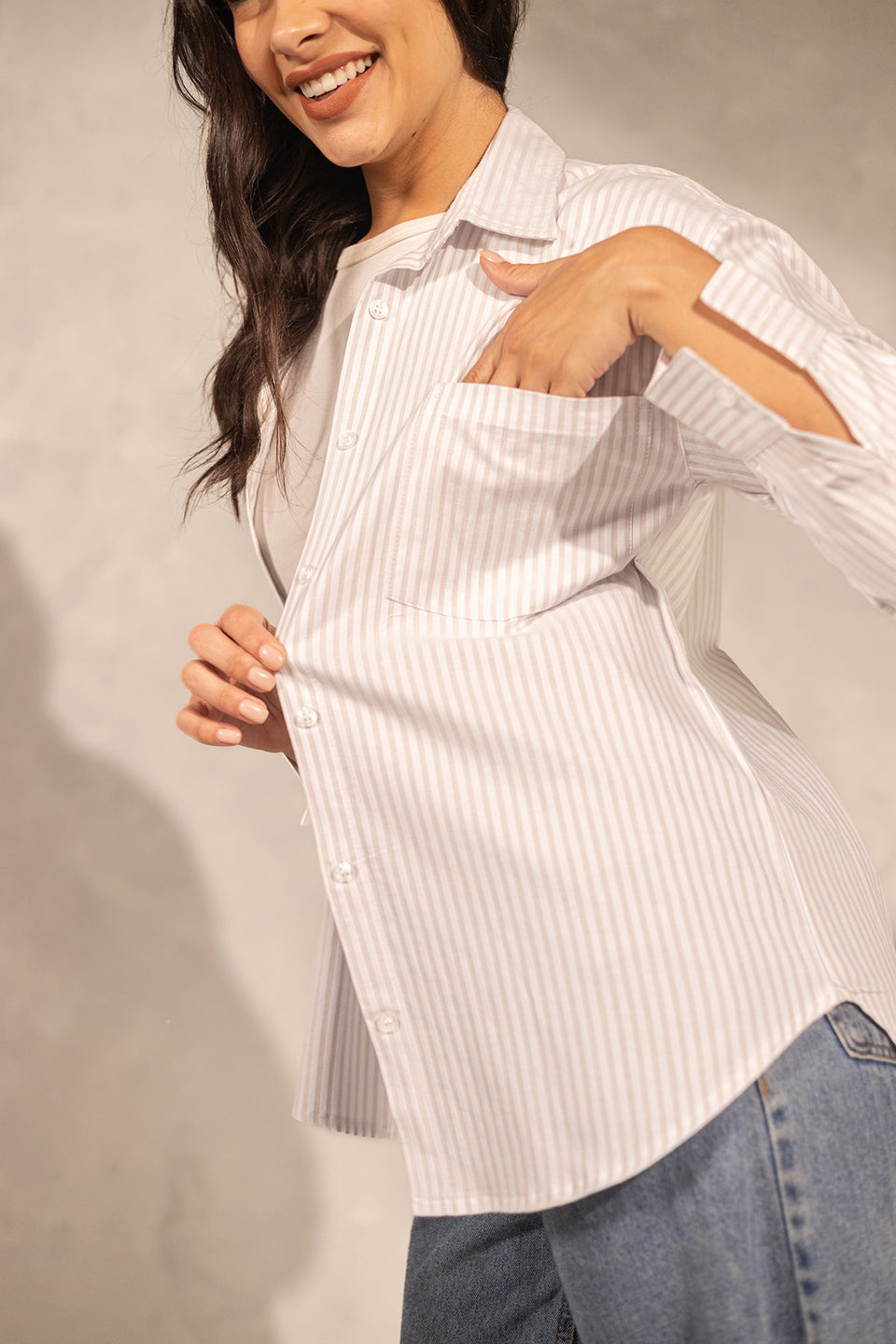Beige Striped Long Sleeves Shirt