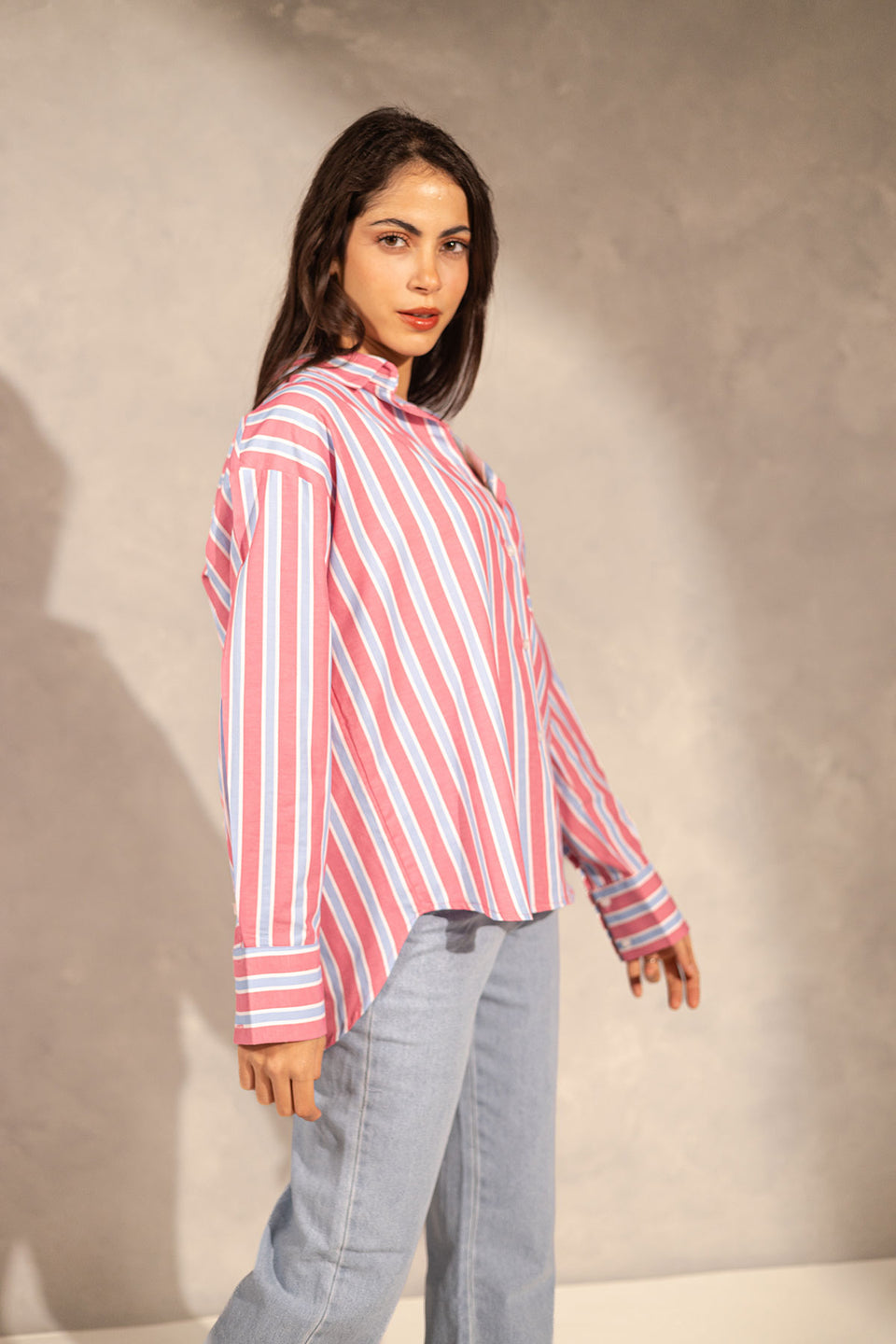 Pink Striped Long Sleeves Shirt