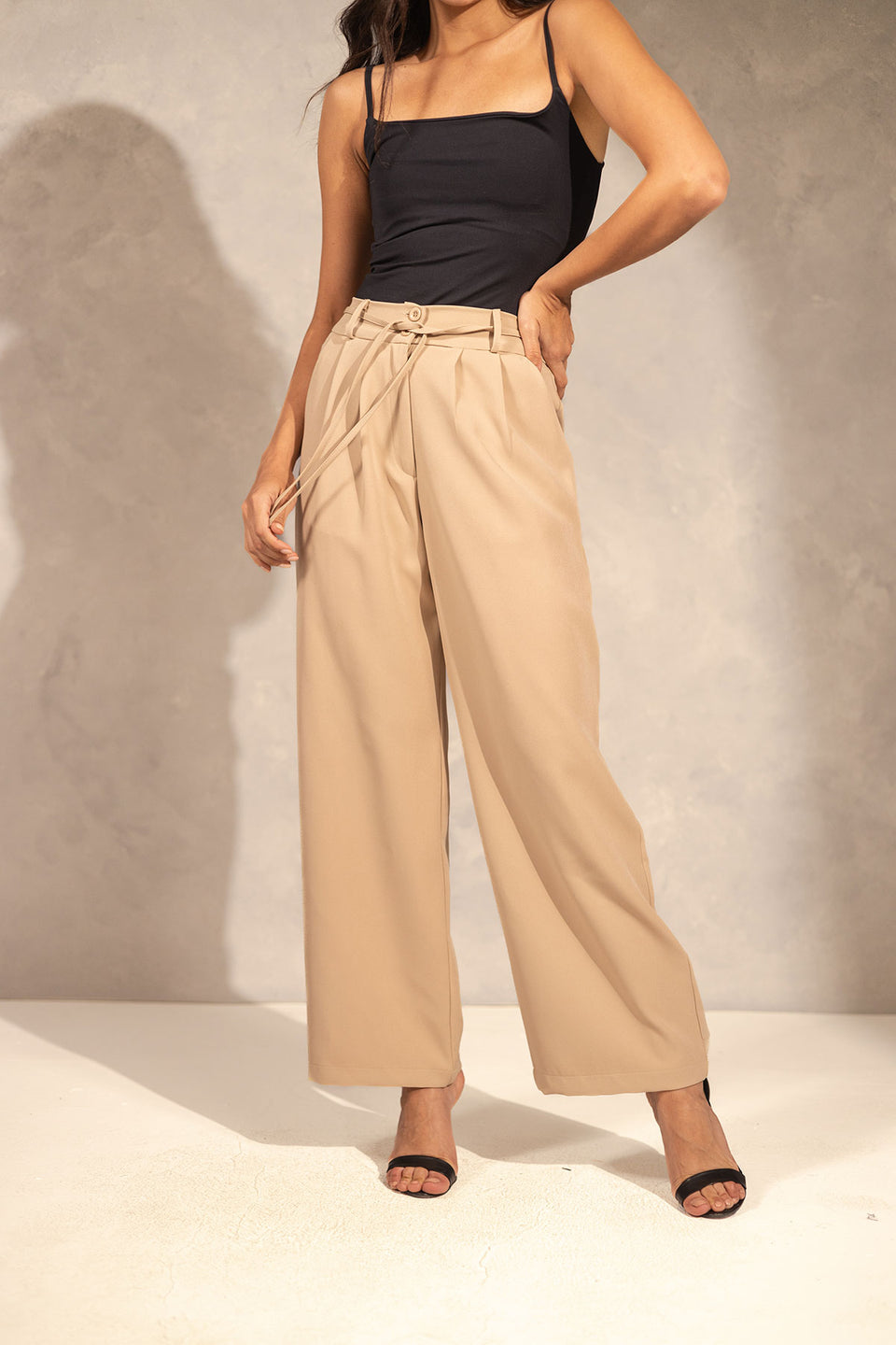 Beige Wide Leg Tied Pants