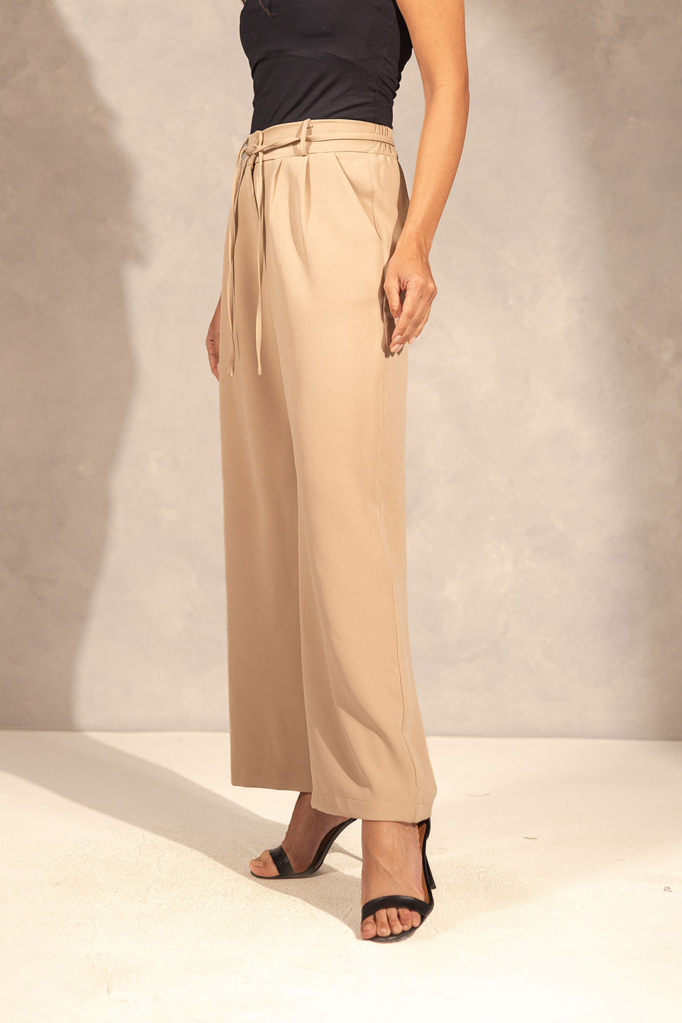 Beige Wide Leg Tied Pants
