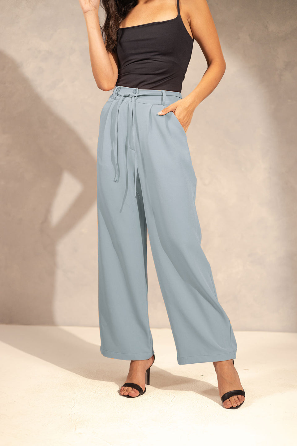 Blue Wide Leg Tied Pants
