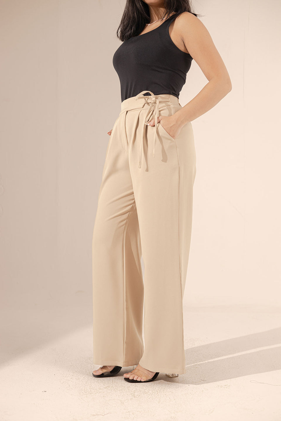 Beige Tied Wide-Leg Pants