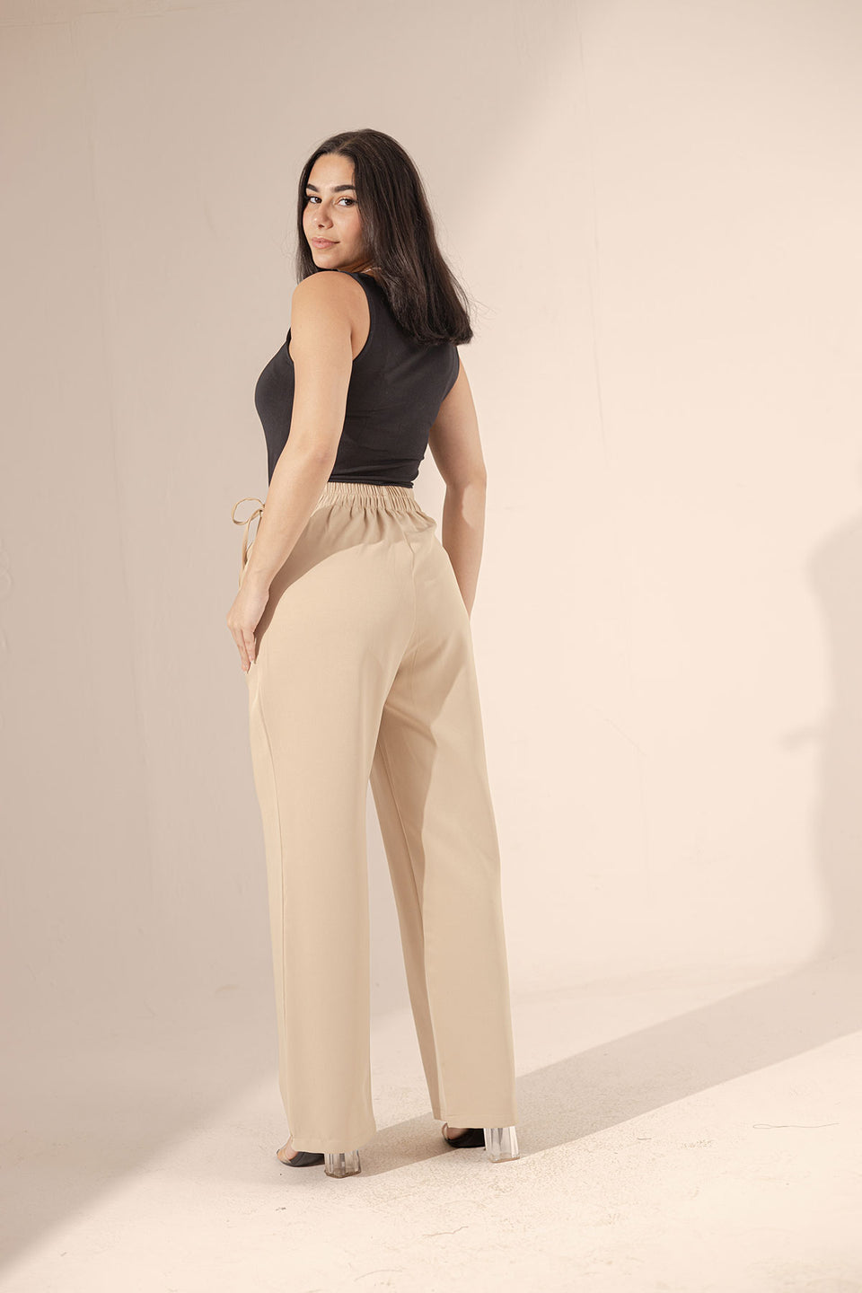 Beige Tied Wide-Leg Pants