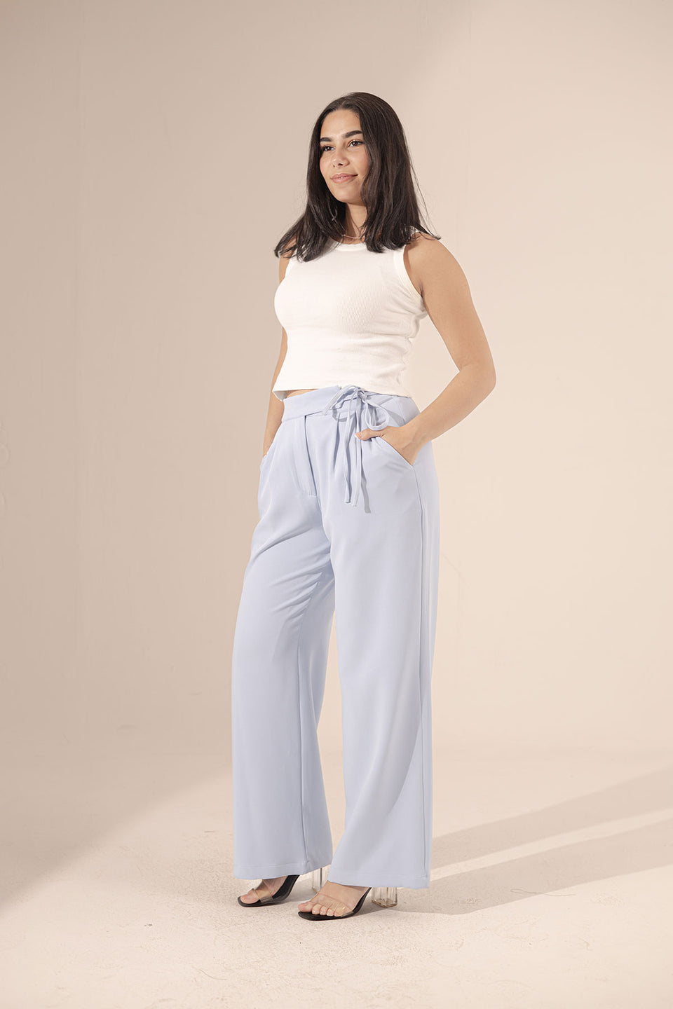 Blue Tied Wide-Leg Pants