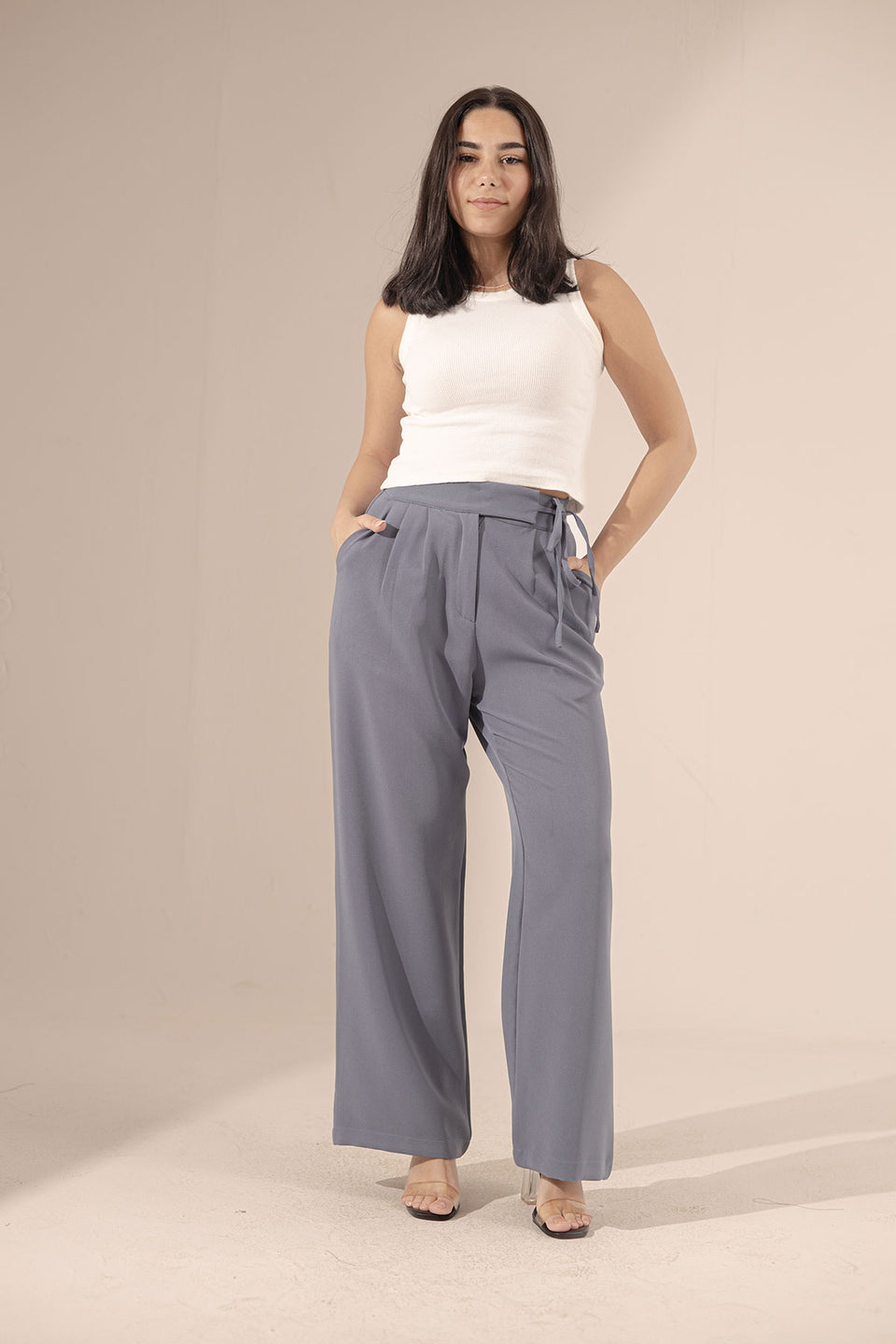 Navy Tied Wide-Leg Pants
