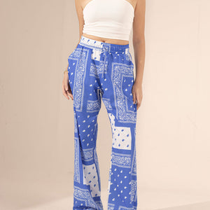 Blue Printed Wide Leg Pants