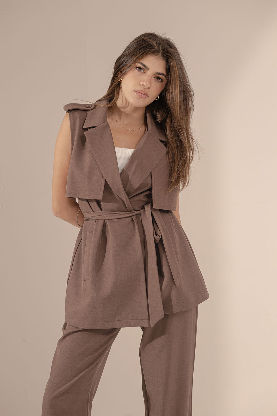 Brown Sleevless Formal Tied Set