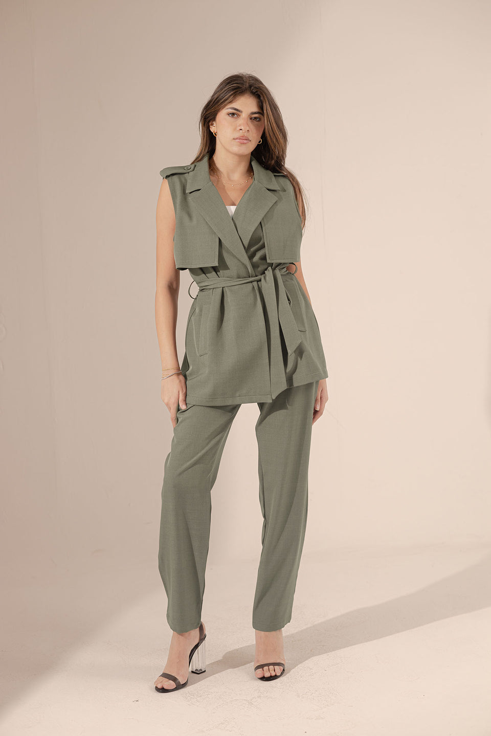 Olive Sleevless Formal Tied Set