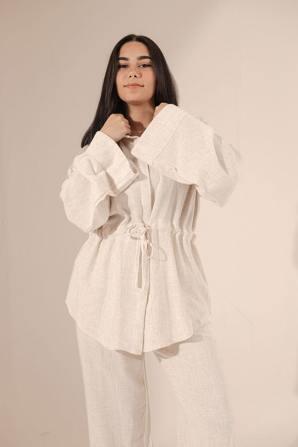 Beige Pure Linen Tied Set