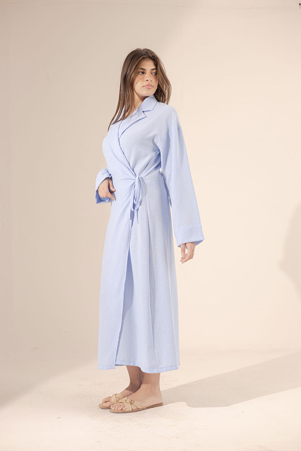 Blue Wrap Linen Summer Dress