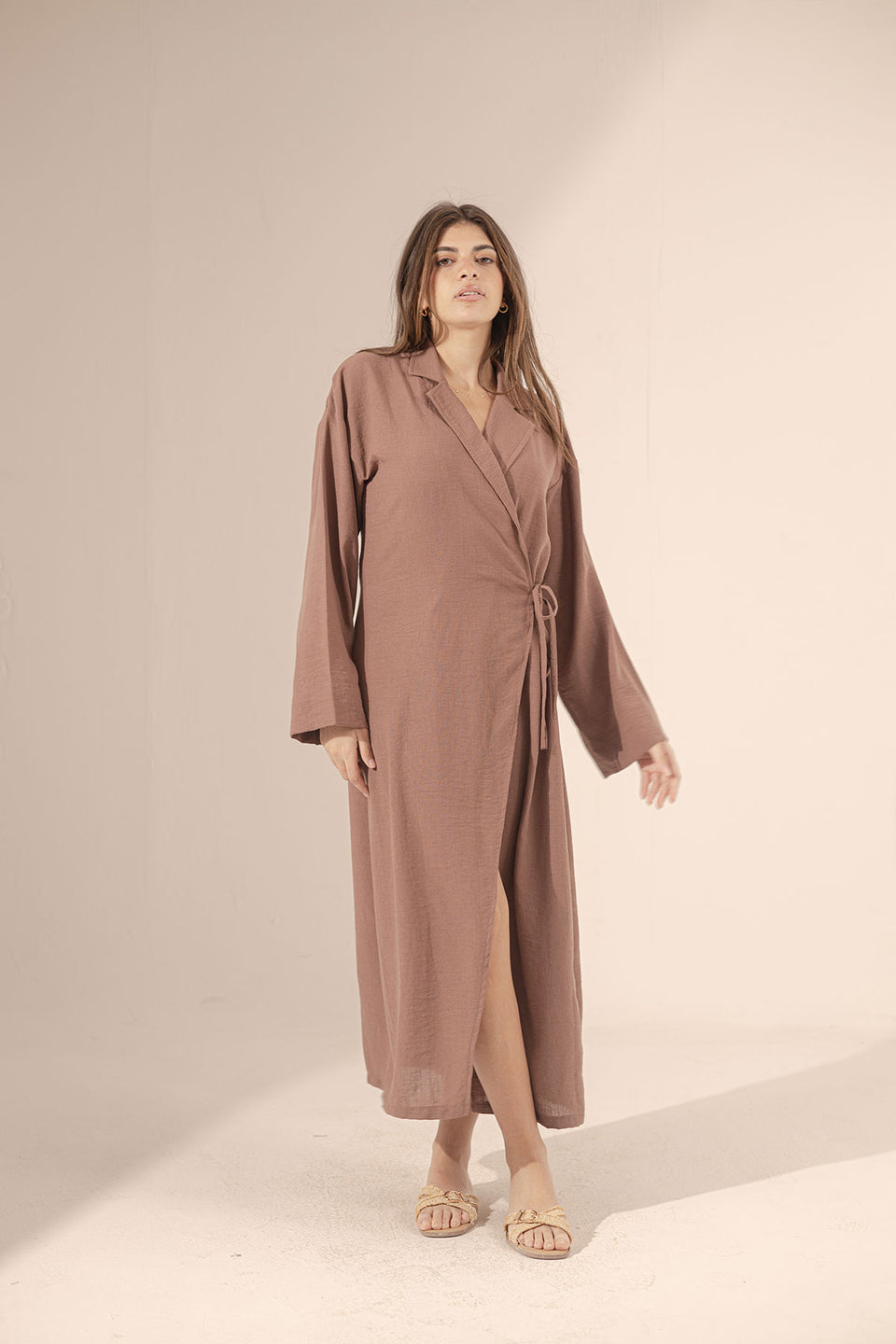 Brown Wrap Linen Summer Dress