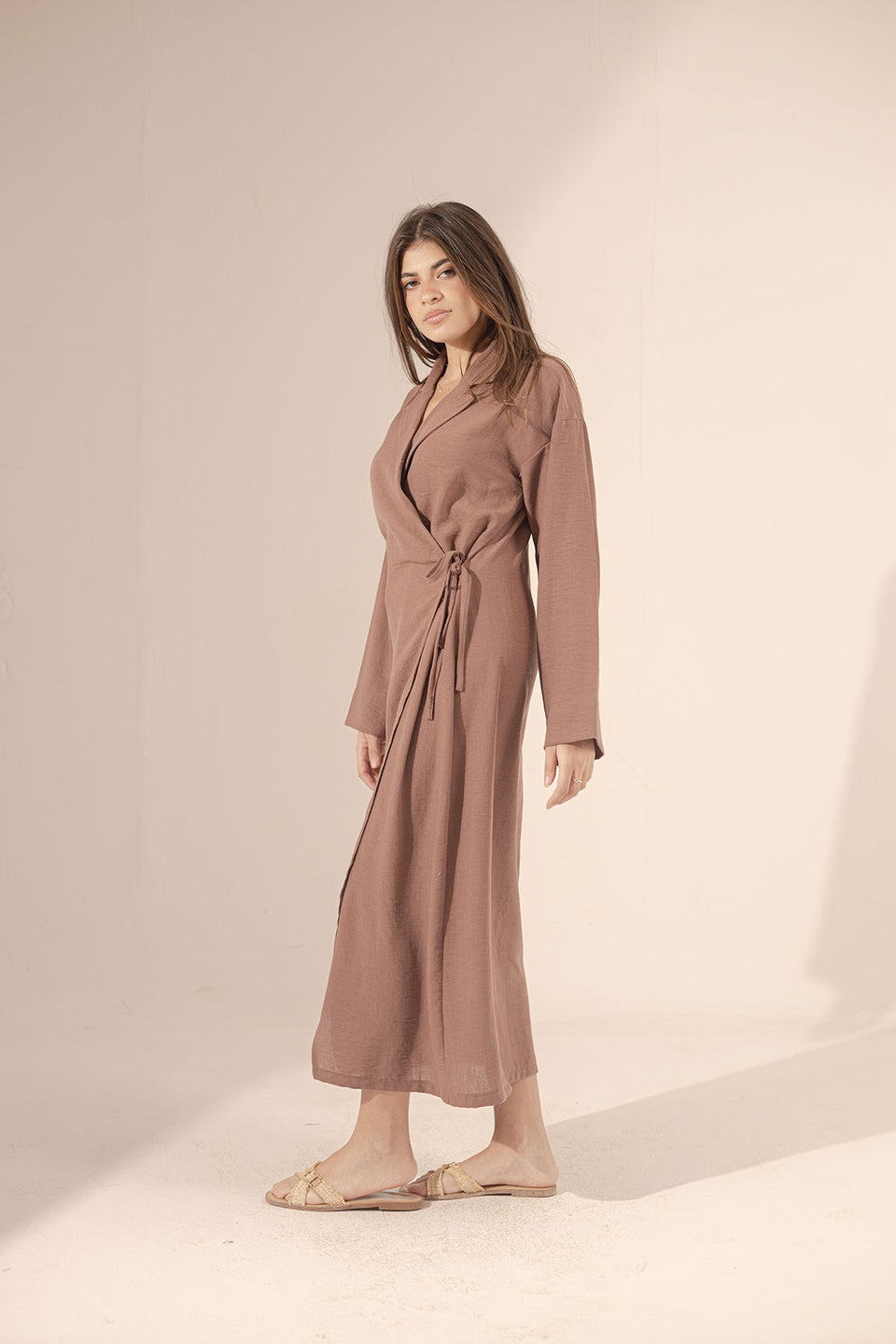 Brown Wrap Linen Summer Dress