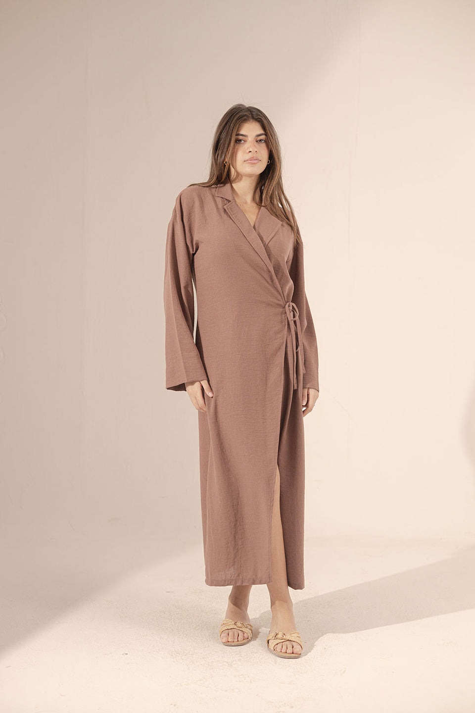 Brown Wrap Linen Summer Dress