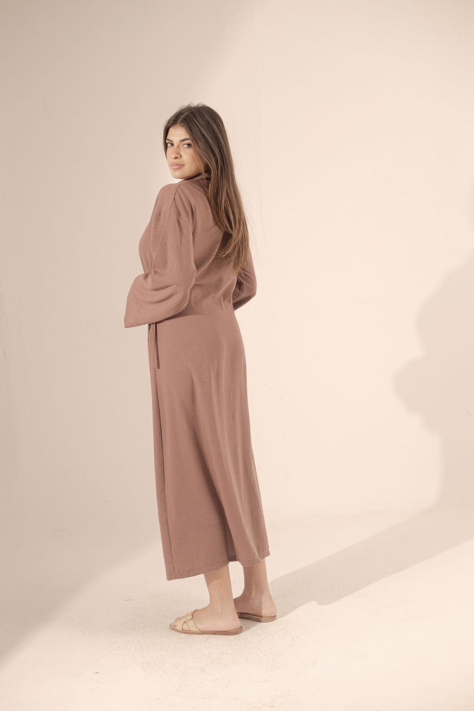 Brown Wrap Linen Summer Dress