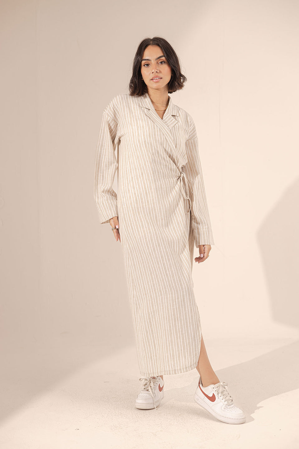 Beige Wrap Striped Summer Dress