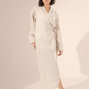 Beige Wrap Striped Summer Dress