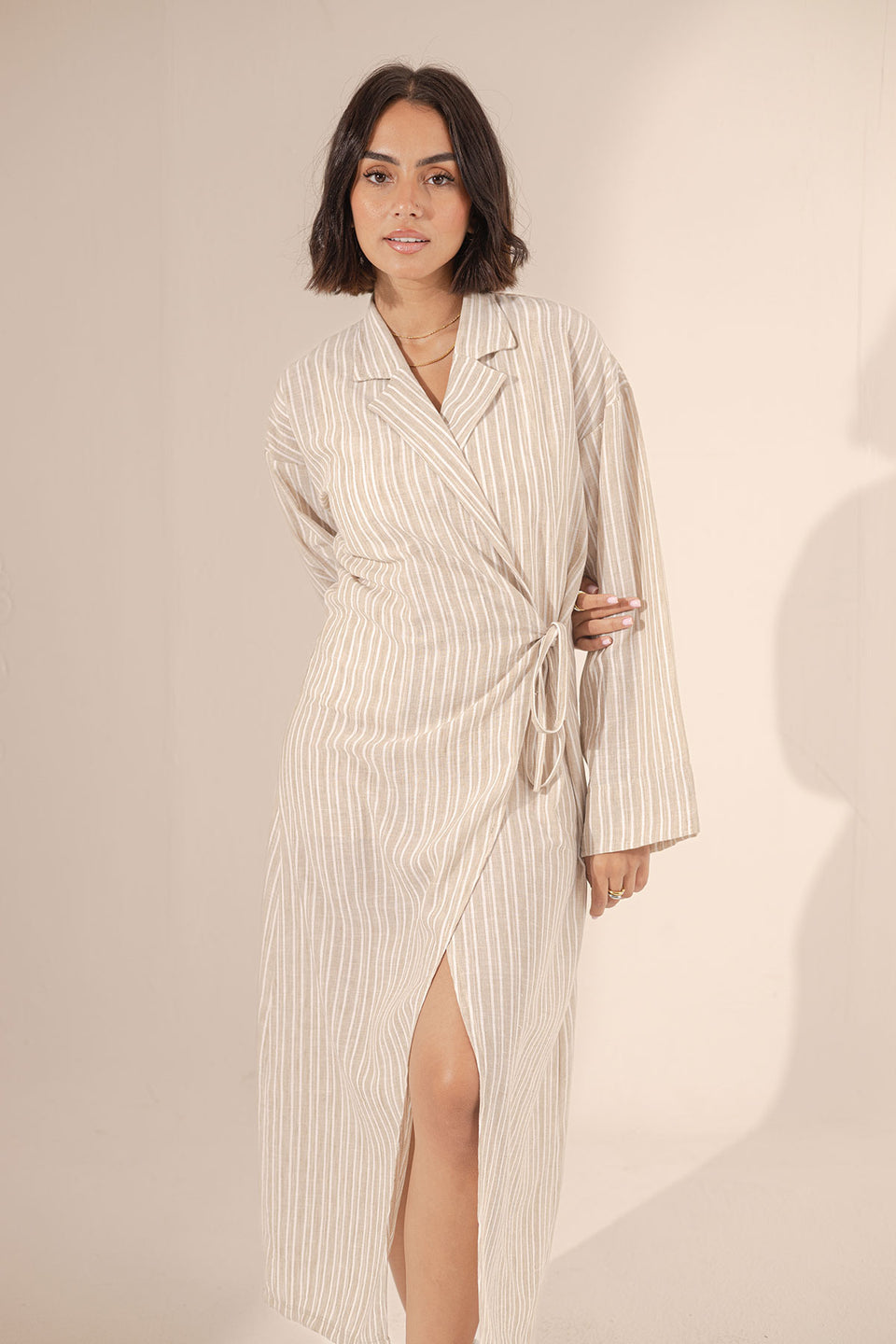 Beige Wrap Striped Summer Dress