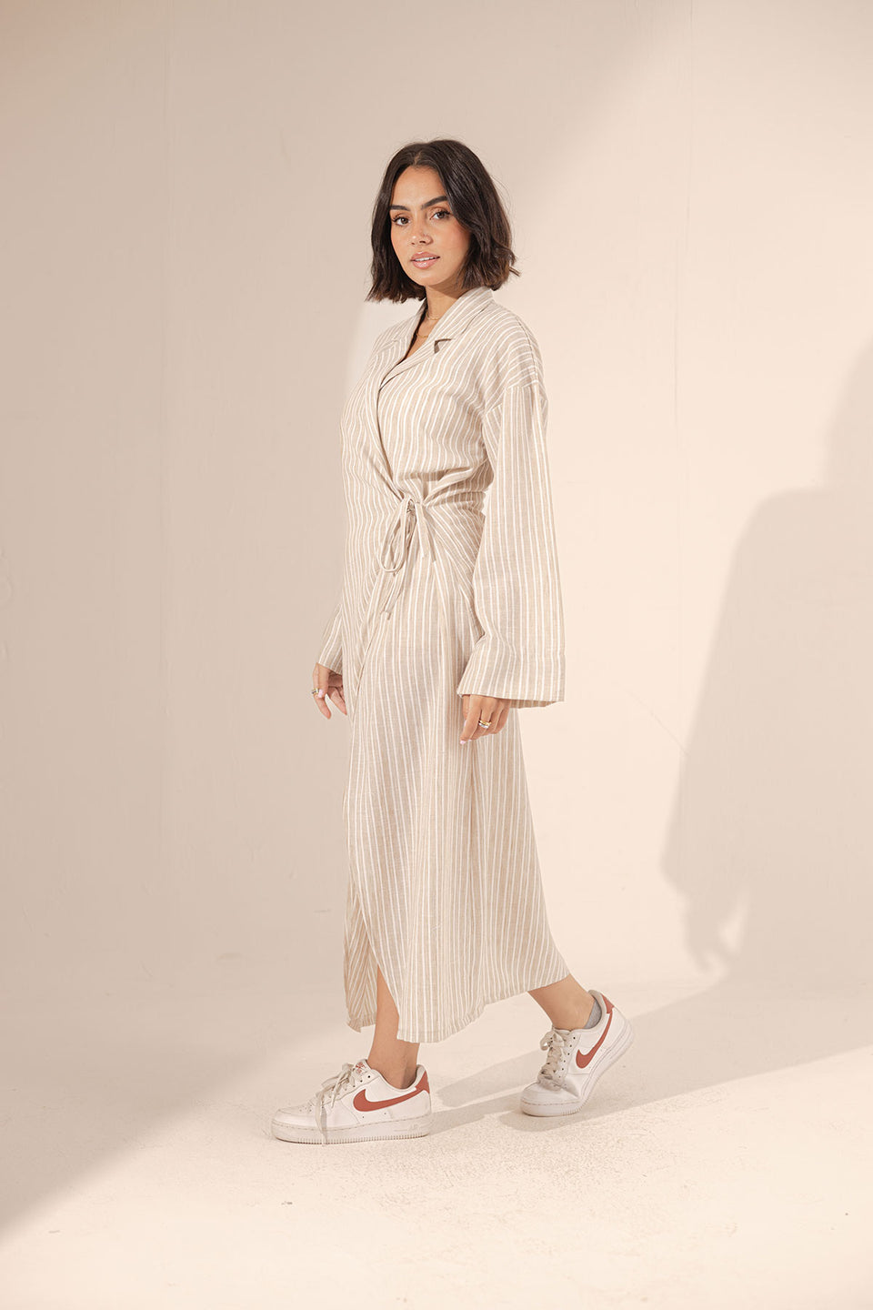 Beige Wrap Striped Summer Dress