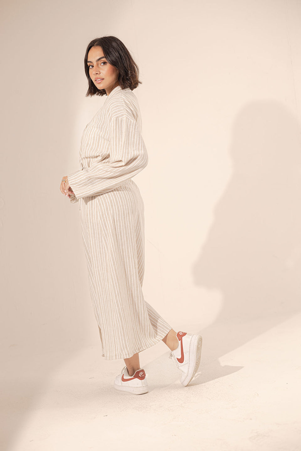 Beige Wrap Striped Summer Dress