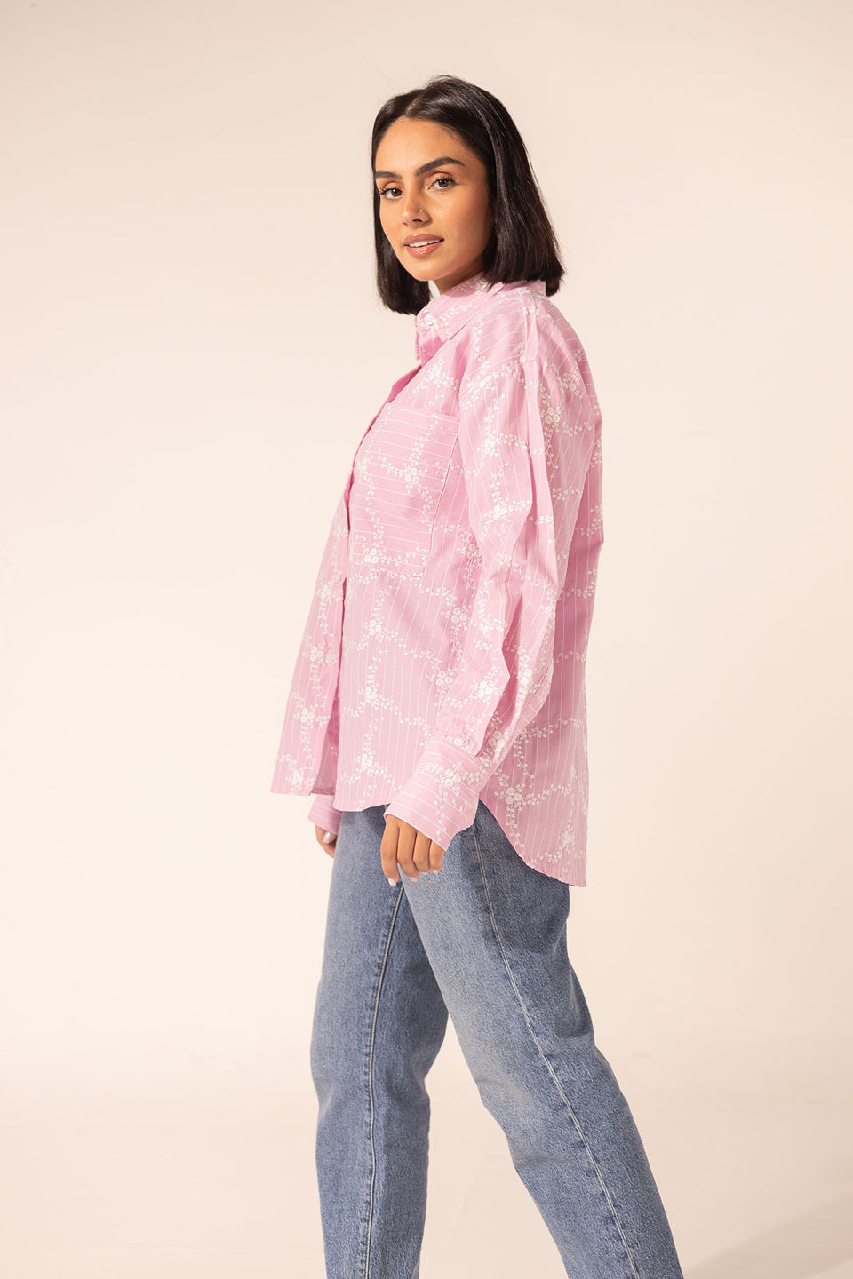 Pink Embroidered Checkers Shirt
