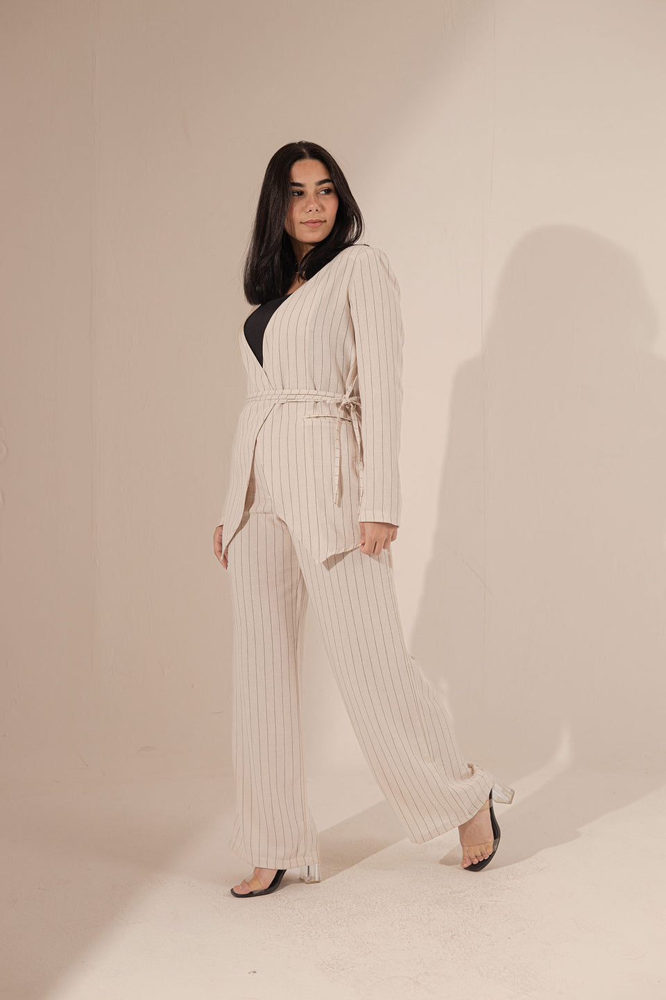 Beige Srtiped Warp Linen Blazer