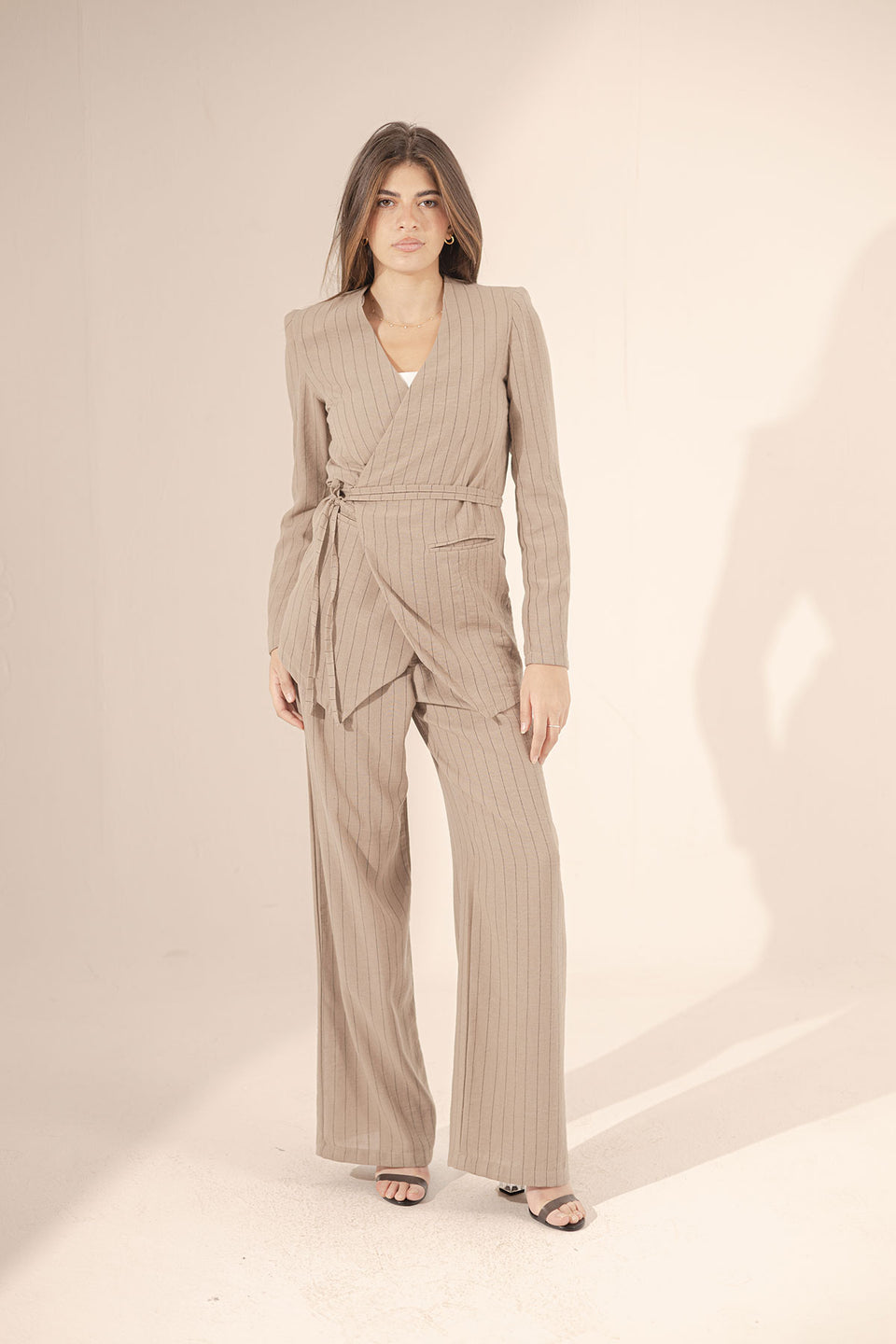 Coffe Srtiped Warp Linen Blazer