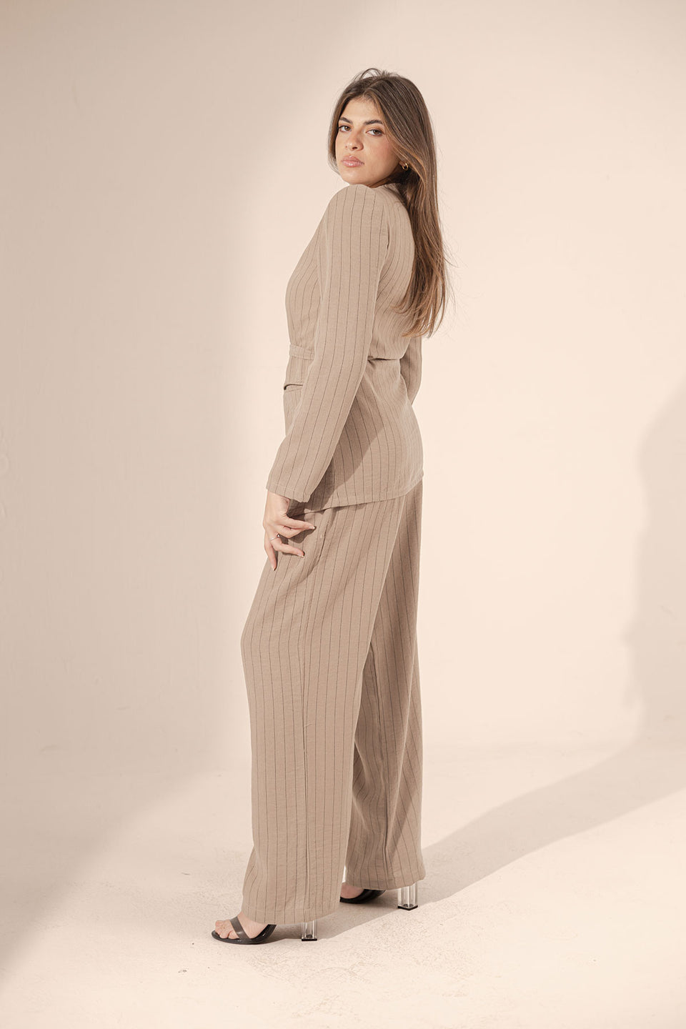 Coffe Srtiped Warp Linen Blazer