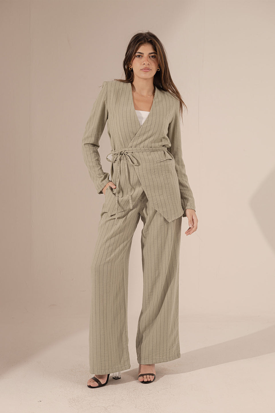 Olive Srtiped Warp Linen Blazer