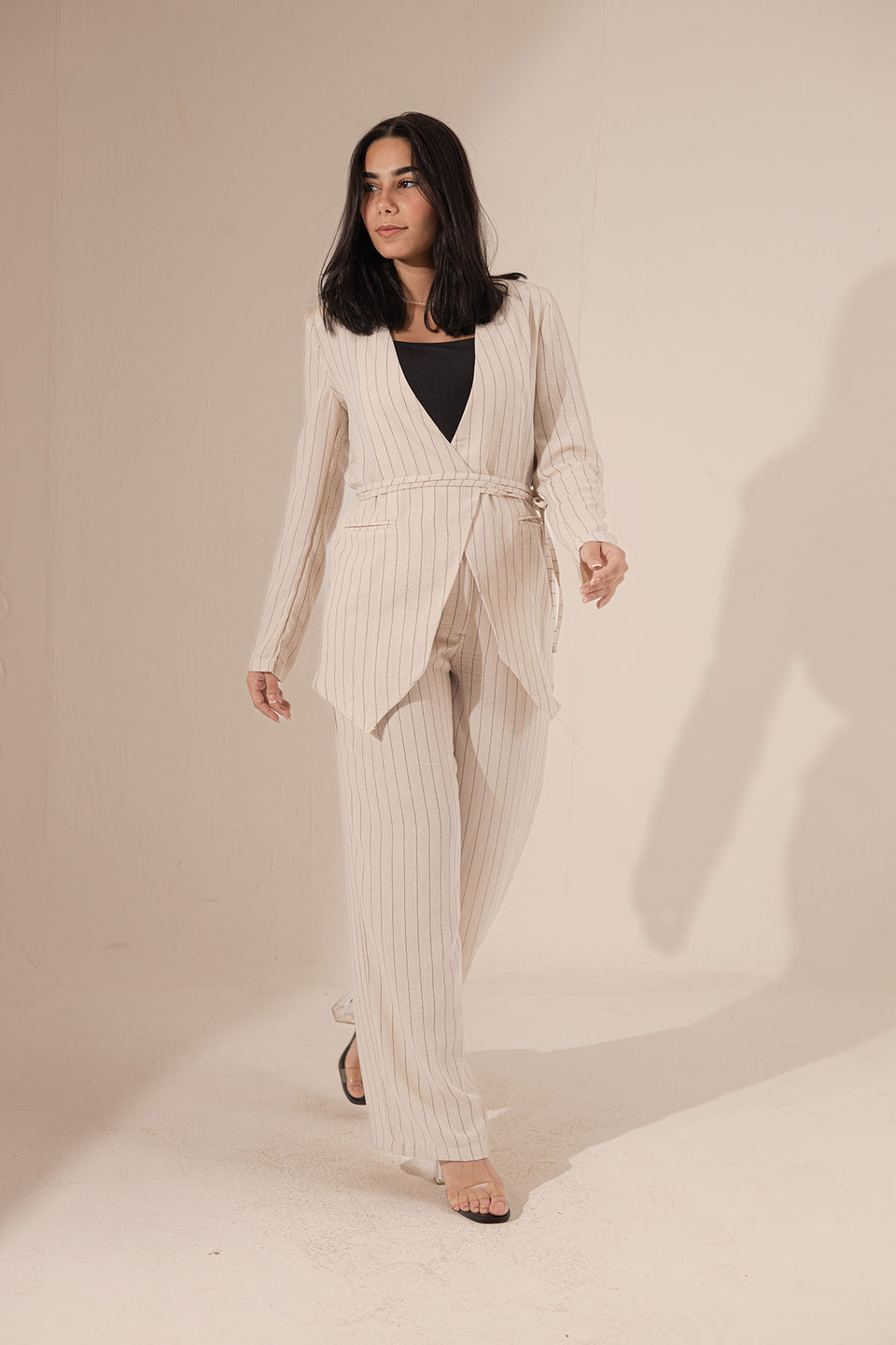 Beige Srtiped Linen Pants