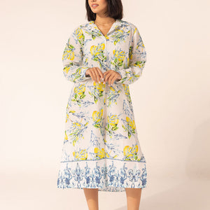 Blue Floral Shirt Dress with Ornamental Hem