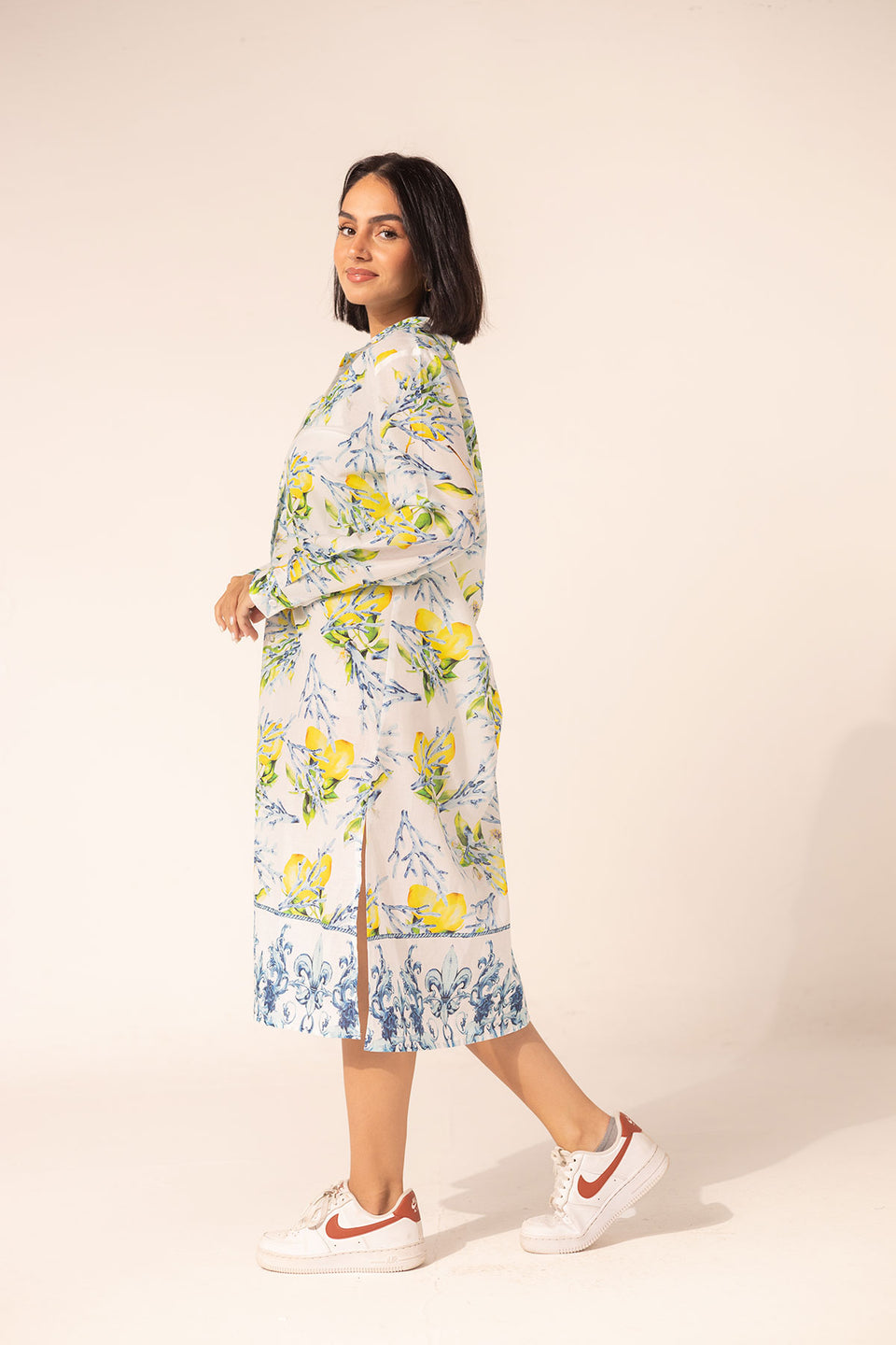 Blue Floral Shirt Dress with Ornamental Hem