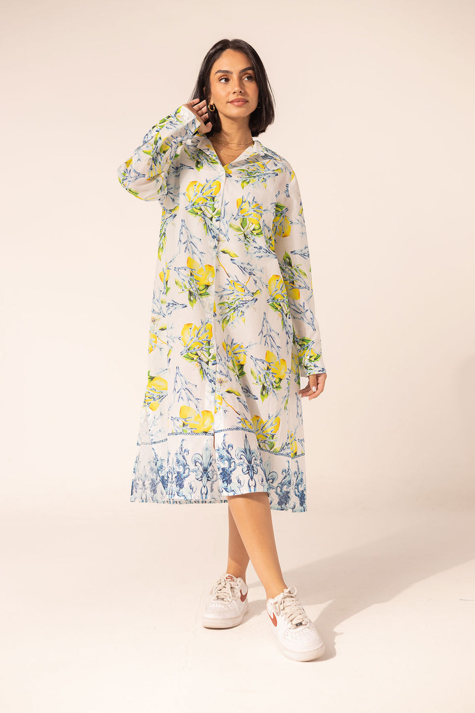 Blue Floral Shirt Dress with Ornamental Hem