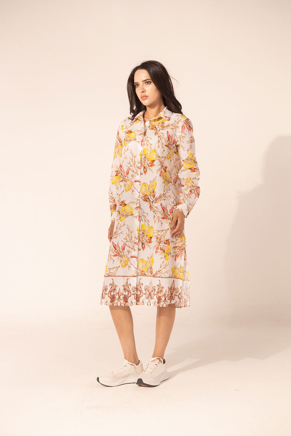 Brown Floral Shirt Dress with Ornamental Hem