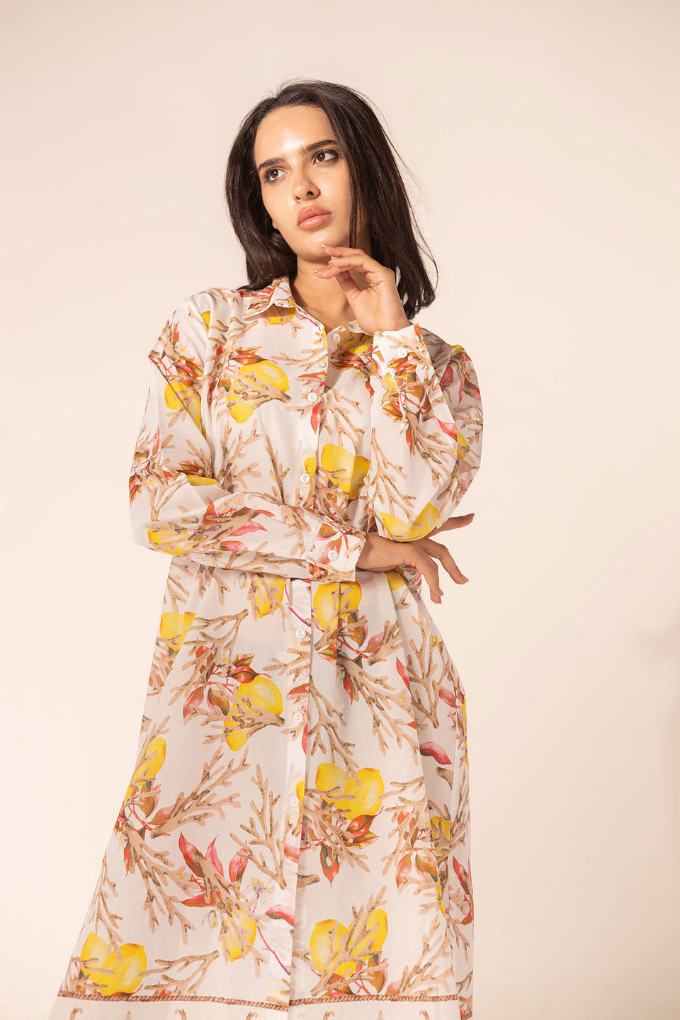 Brown Floral Shirt Dress with Ornamental Hem