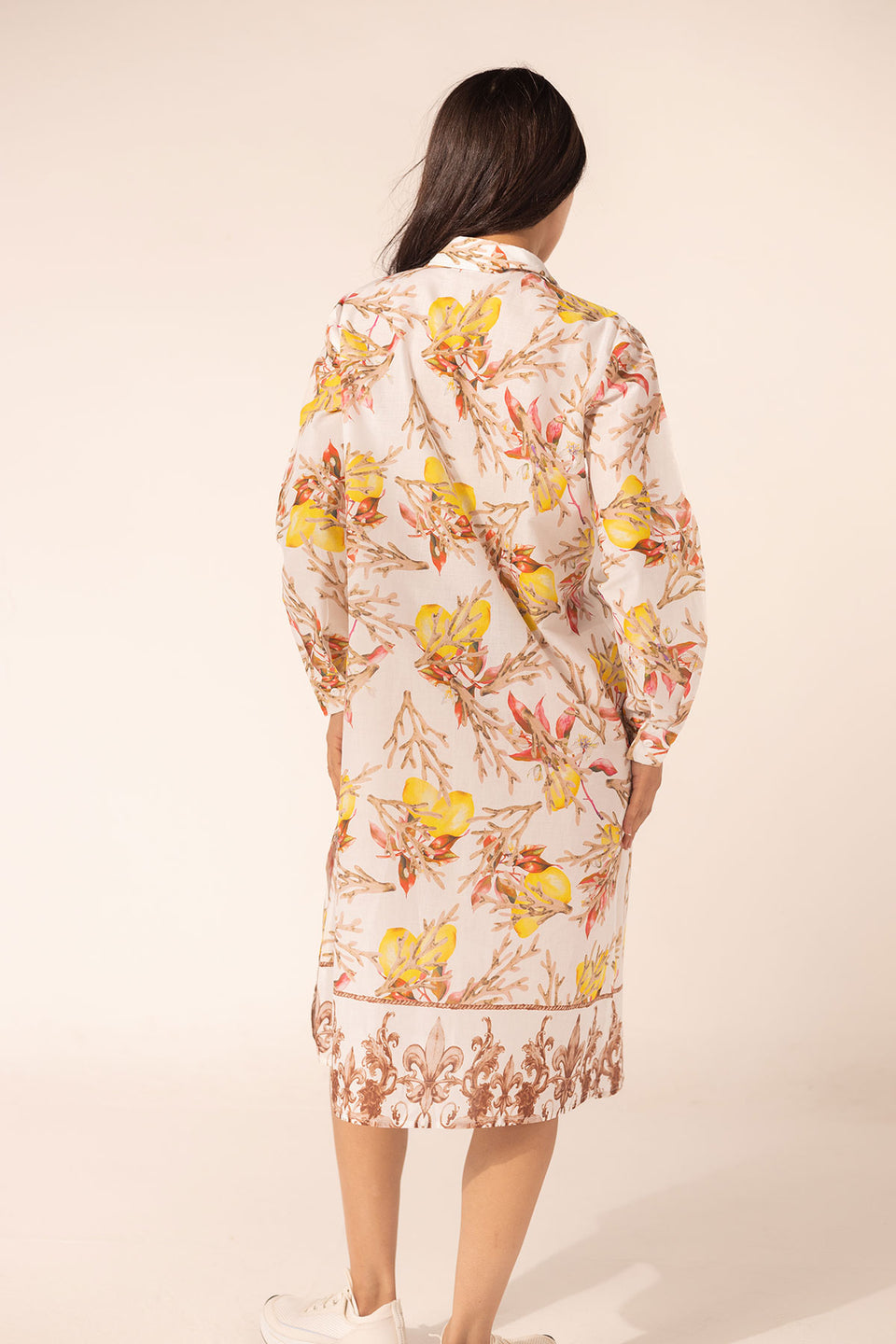 Brown Floral Shirt Dress with Ornamental Hem