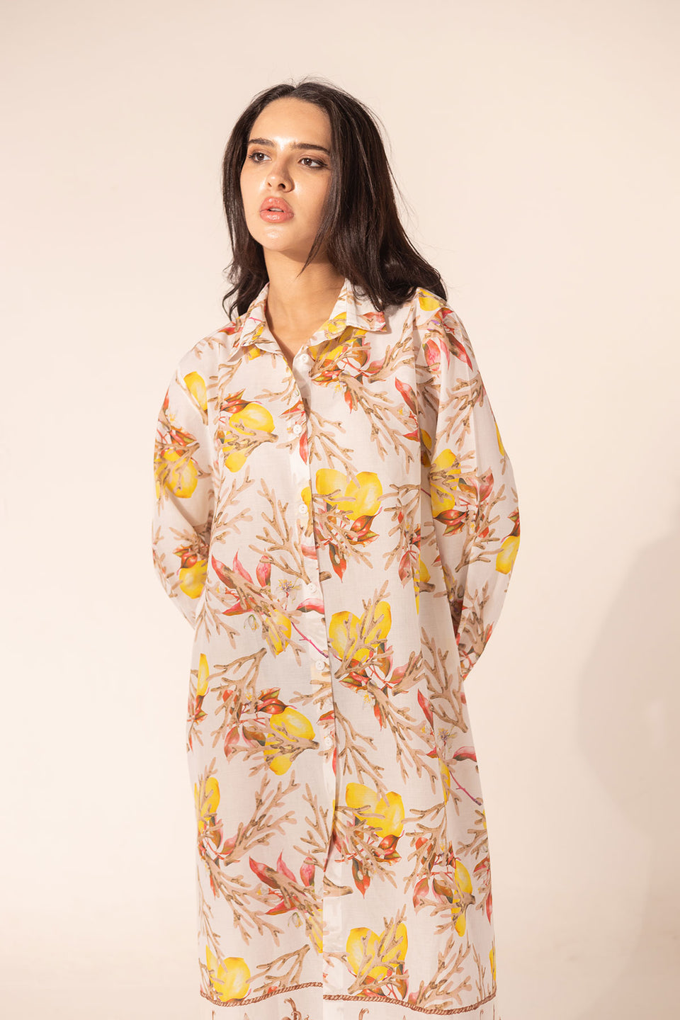 Brown Floral Shirt Dress with Ornamental Hem
