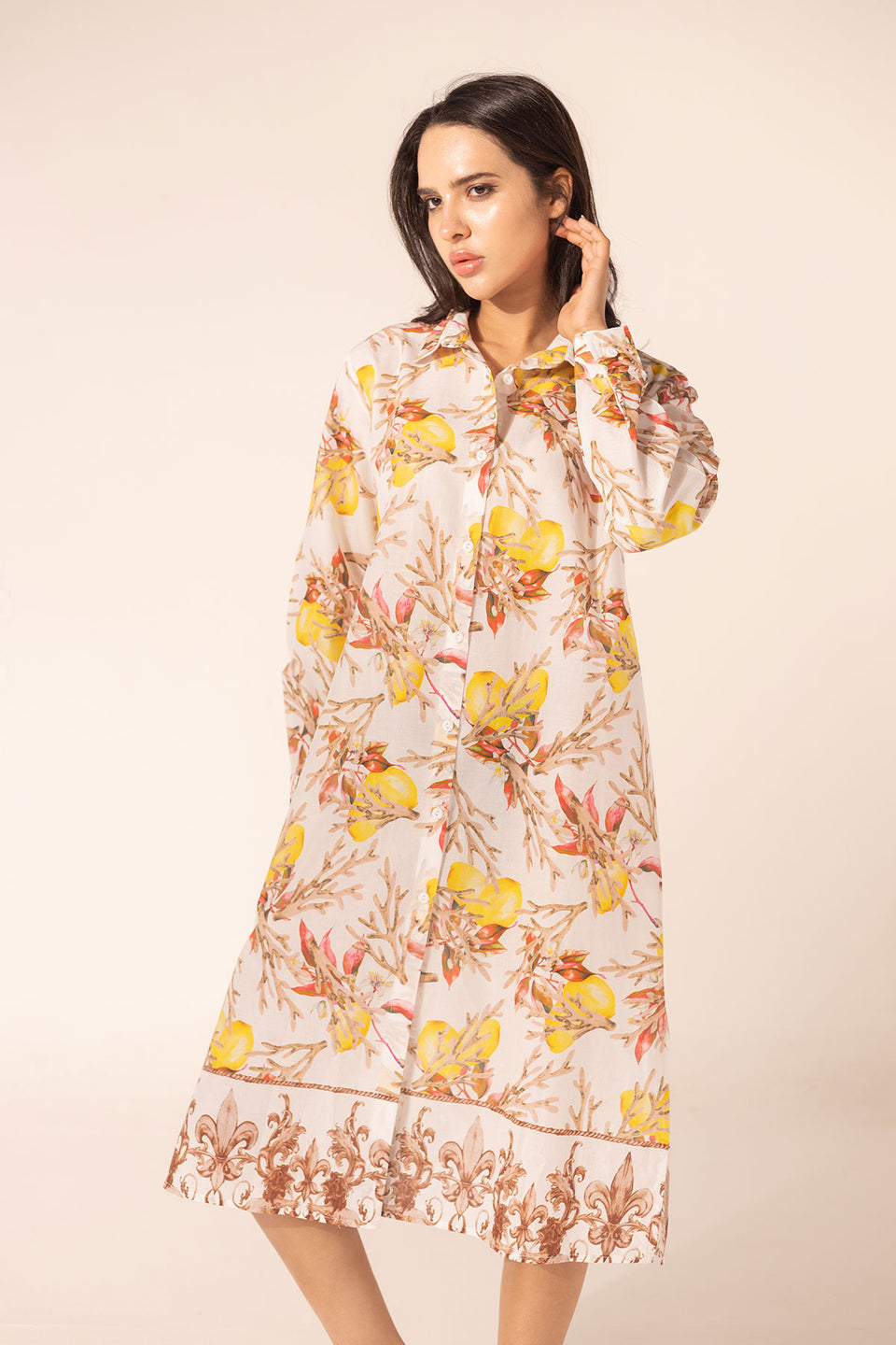 Brown Floral Shirt Dress with Ornamental Hem