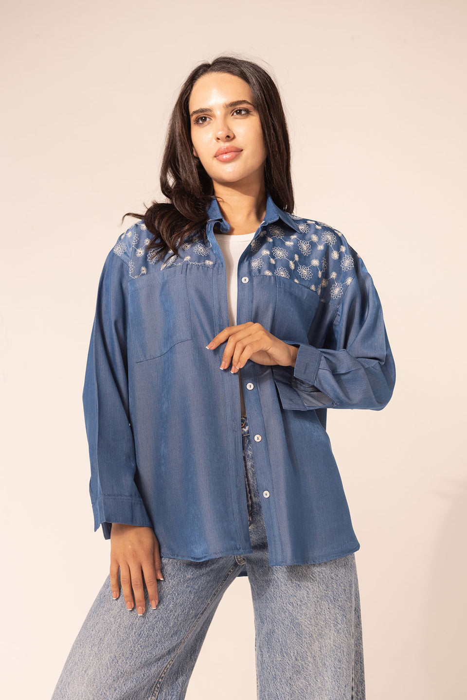 Blue Oversized Shirt with White Embroidery on Shoulders