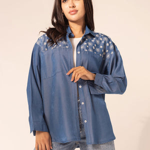 Blue Oversized Shirt with White Embroidery on Shoulders