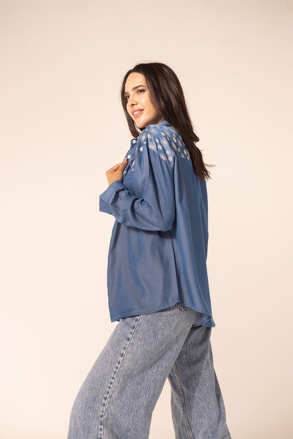 Blue Oversized Shirt with White Embroidery on Shoulders