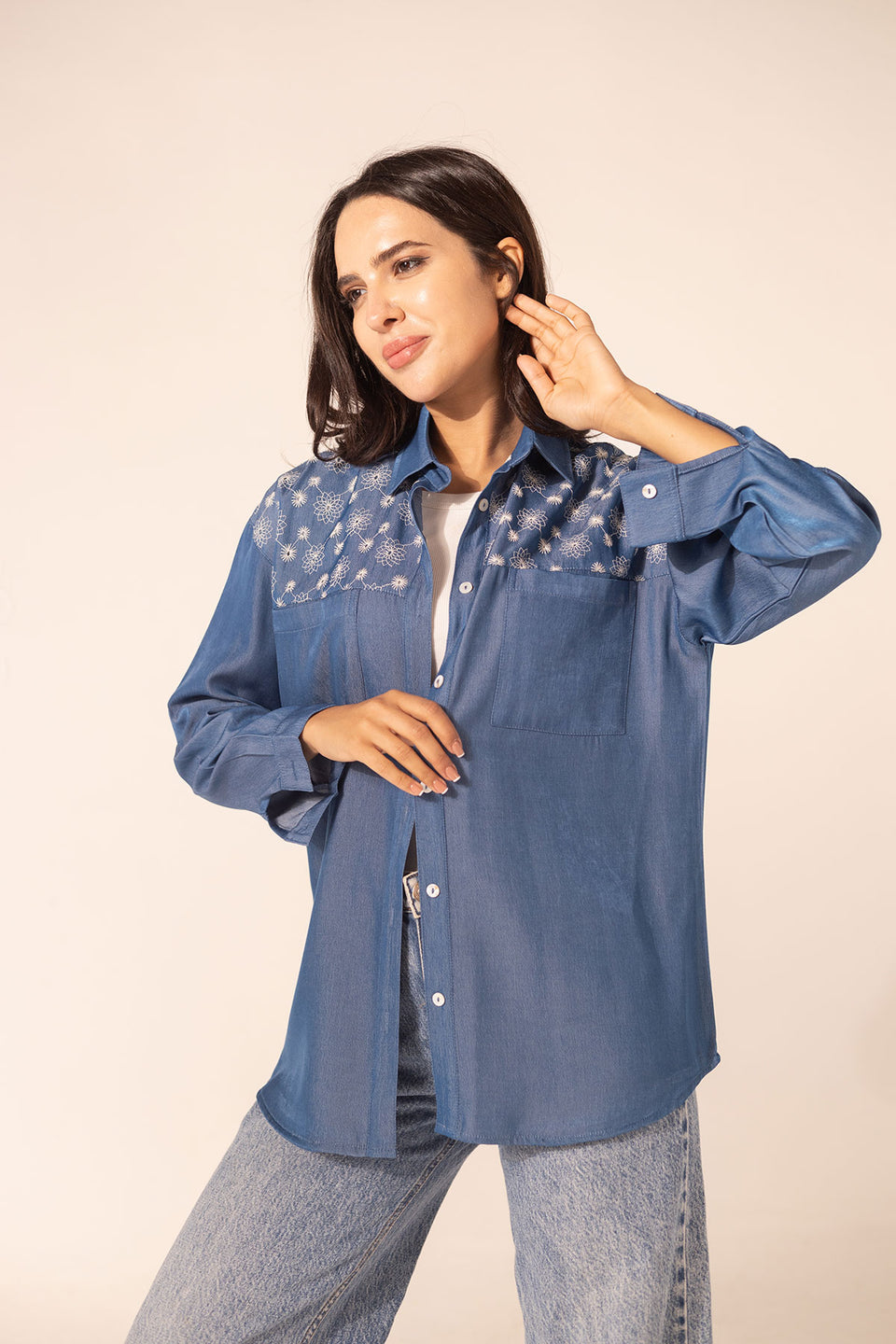 Blue Oversized Shirt with White Embroidery on Shoulders