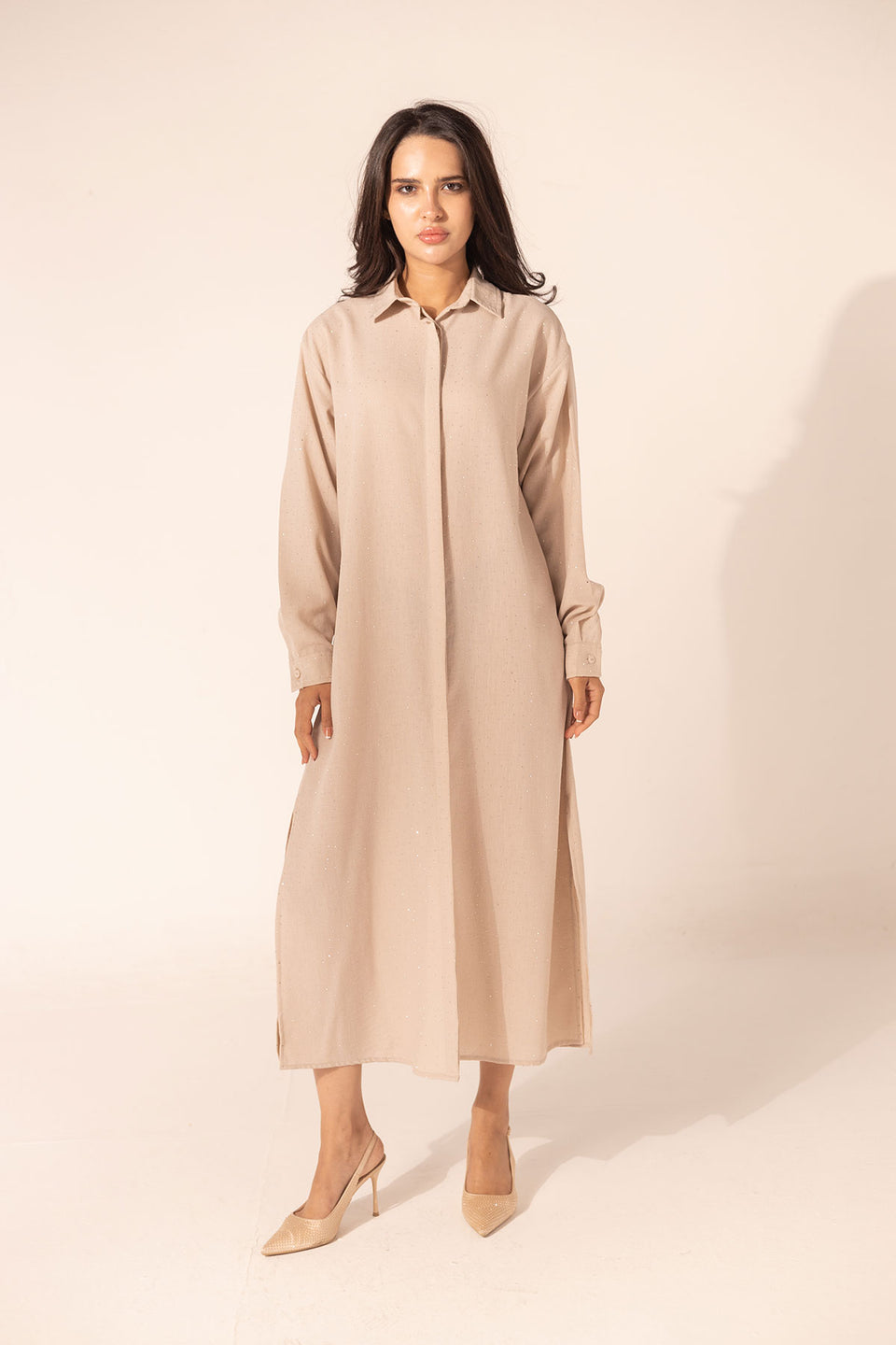 Beige Sparkle Linen Shirt Dress