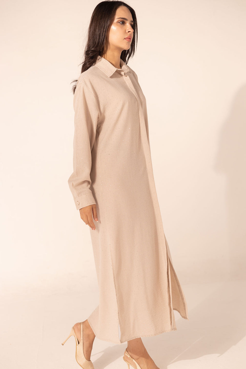 Beige Sparkle Linen Shirt Dress