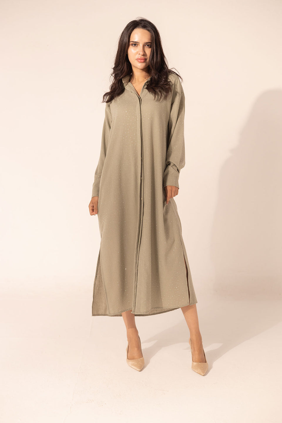 Olive Sparkle Linen Shirt Dress