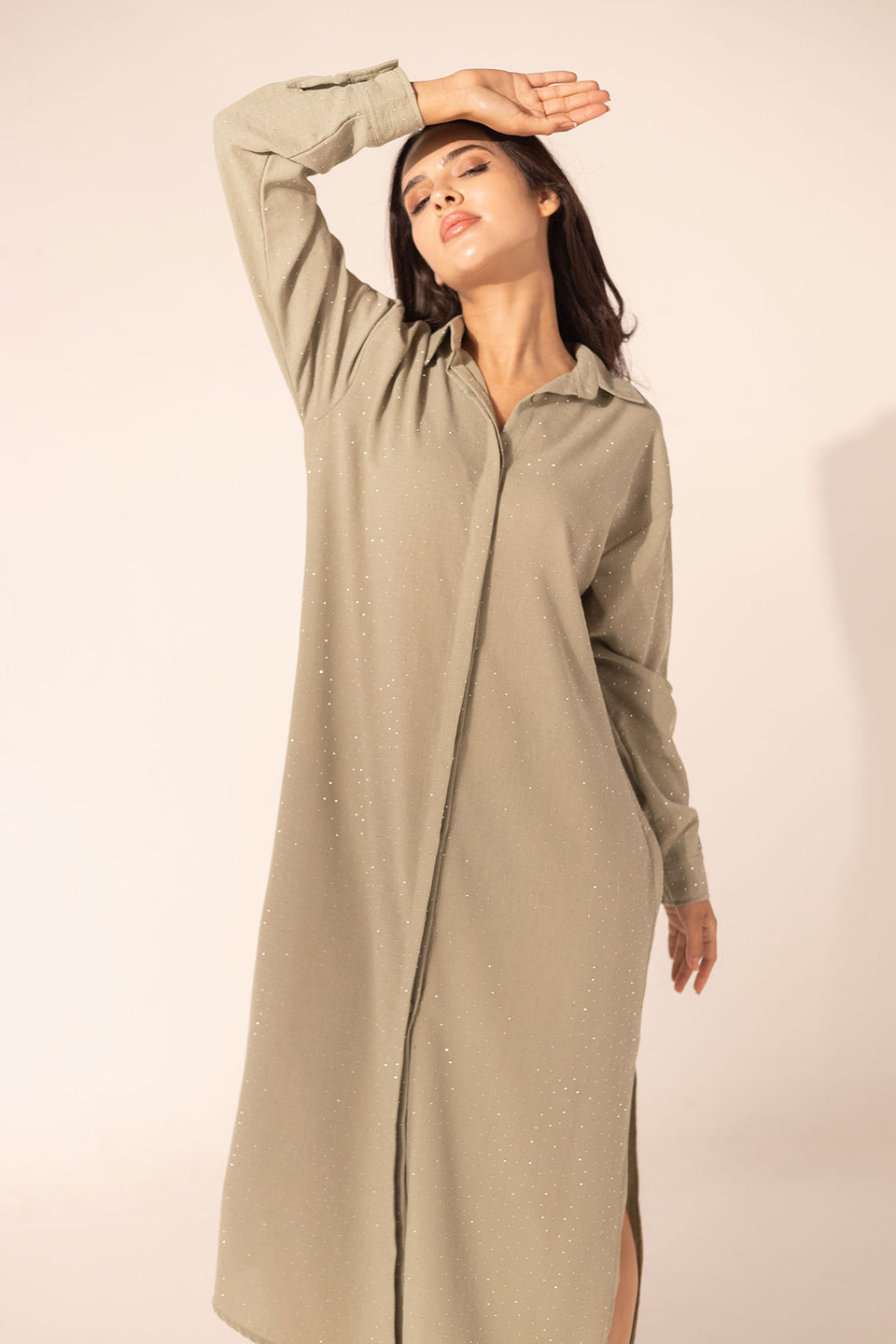 Olive Sparkle Linen Shirt Dress